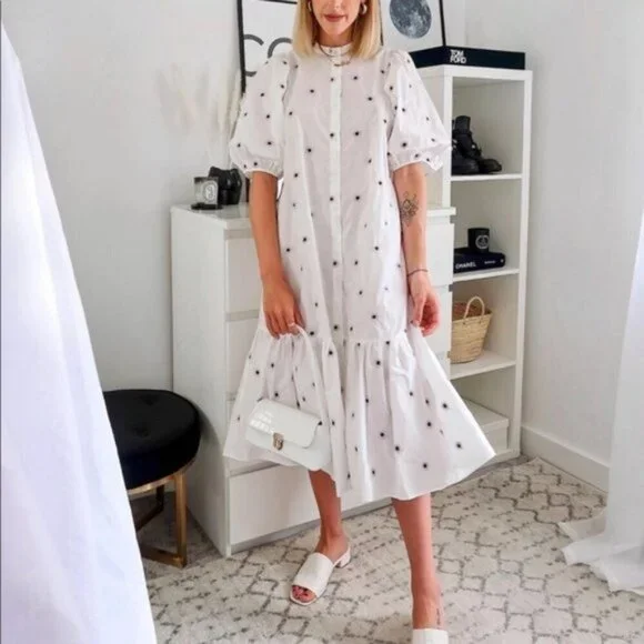 ZARA EMBROIDERED MIDI DRESS WHITE Flounced hem - Picture 6 of 8